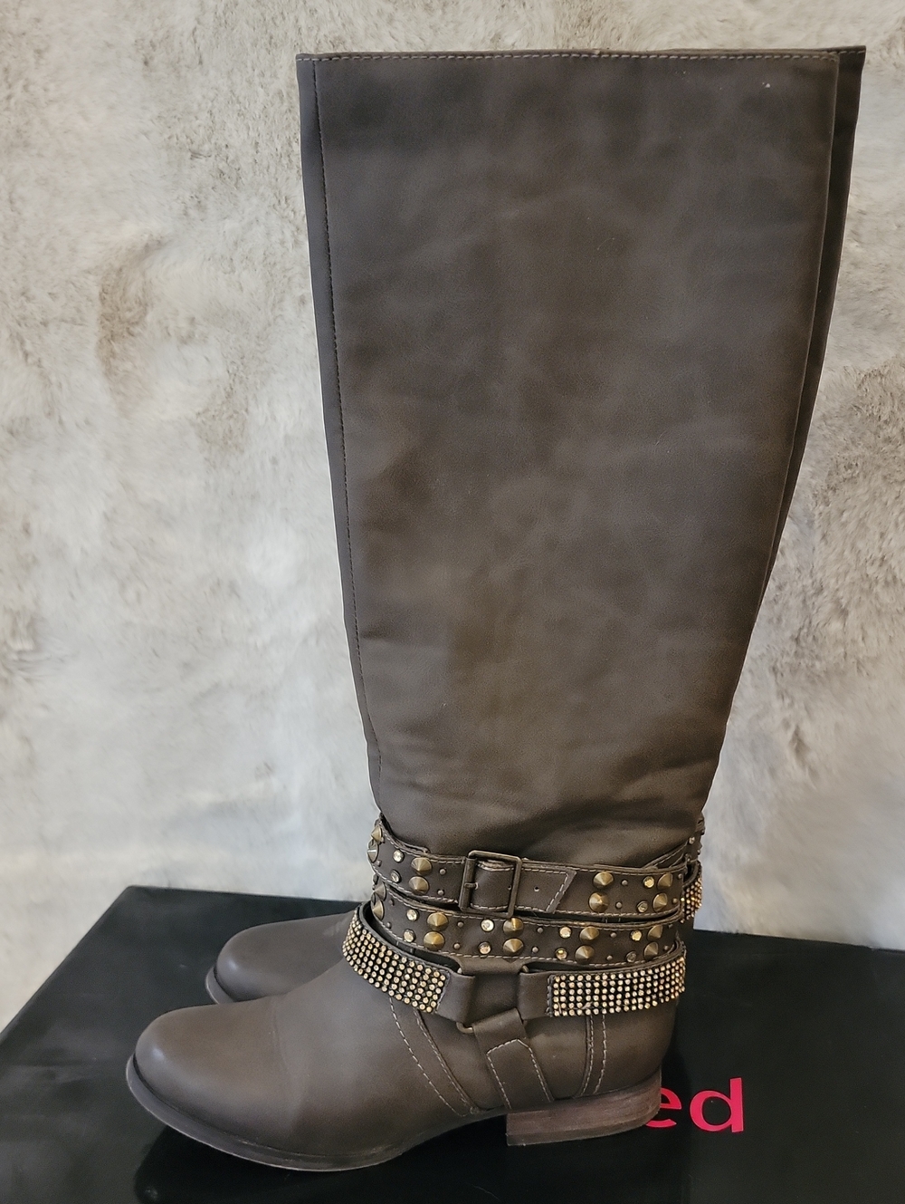 Women's Tall Brown Studded Slip On Embellished Boots